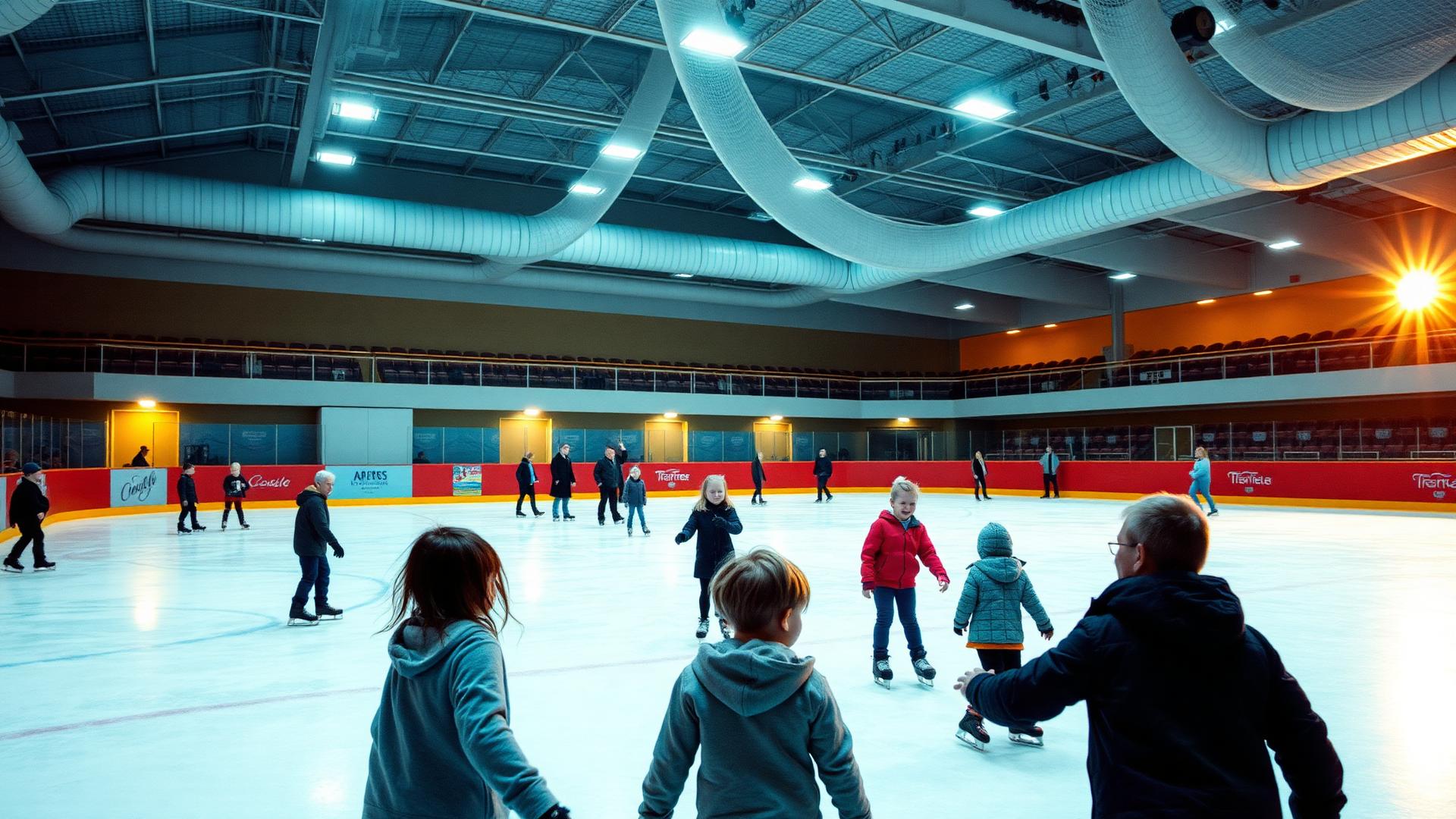 Children skating with coaches and volunteers at an ice arena