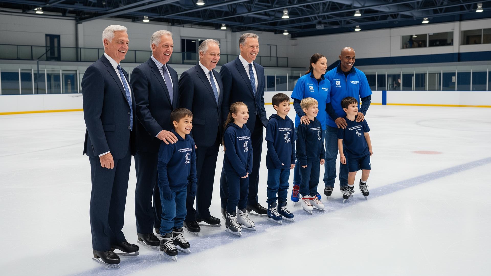 Corporate leaders standing with neurodivergent children and volunteer coaches on the ice